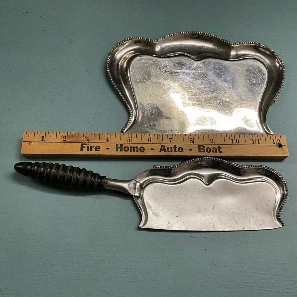 Antique Silver Plate Table Crumb Sweeper Silent Butler Set Beaded Wood Handle